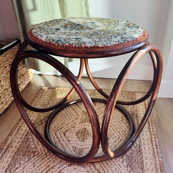 The Unbranded Brand Other - Vtg Thonet Style Bentwood Stool Upholstery Seat Grandmillennial Boho MCM Ottoman